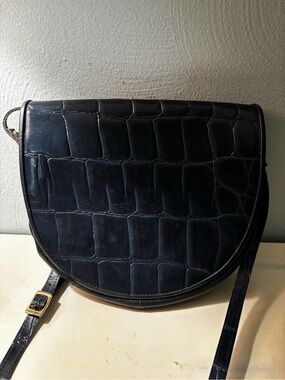 Croc-Embossed Semi-Circle Crossbody Bag in Dark Navy